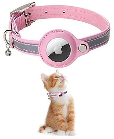 KOLACEN Leder Reflektierendes AirTag Katzenhalsband, Airtag mit Airtag Hülle und Glocke, Einstellbares Airtag Katzenhalsband mit abbrechbarer Sicherheitsschnalle für Katzen Kätzchen Welpen (Rosa)