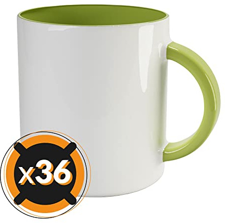 PixColor Cricut Lot de 36 tasses à sublimation en céramique blanche avec intérieur vert clair 350 ml de capacité (11 oz) AAA Passe au micro-ondes et au lave-vaisselle