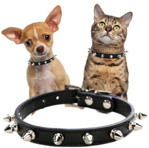 Spiked Dog Collars for Small Dogs, Rivet Spike Cat Collar Pu Faux Leather Stud Studded Puppy Collar for XS Small Breed Pet Boy Dogs Male Chihuahua, Black XS