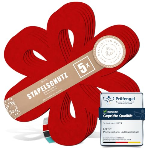 LoFelt® Pfannenschoner & Stapelschutz für Pfannen, Töpfe, Schüsseln und noch mehr Küchenutensilien - 5 Stück in L Ø 32cm - Pfannenschutz Topfschutz aus Filz in Rot - Blumenform
