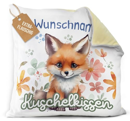 Print Royal PR Flauschiges Kuschel-Kissen für Kinder mit Füllung mit Name selbst gestalten - Fuchs Kissen für Mädchen und Jungs, Kinderkissen mit Name | 40 x 40 cm, Rückseite Gelb Flauschig