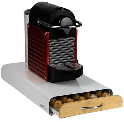 Castell Deco - Cajón Cafe Soporte Organizador compatible con Capsulas Nespresso, 100% Metal y Madera, Capacidad 50x, Para almacenar dispensador Capsulas de Café. (Bambu)