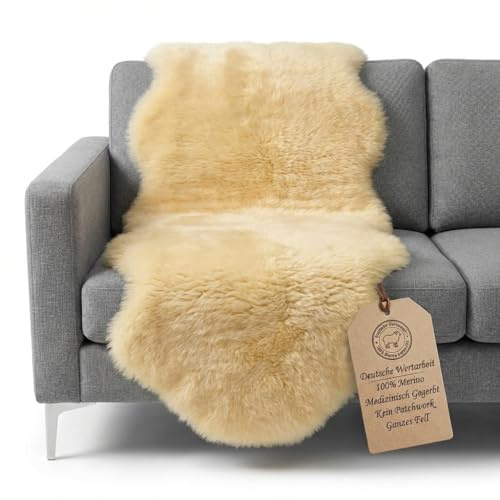 LANAMED Sesselauflage 200cm, Sitzauflage aus echtem Merino Lammfell Schaffell. Extra groß, Doppelfell aus Deutschland. Medizinische Gerbung. Naturform