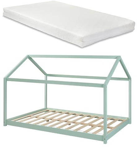 [en.casa] Kinderbett Cerro mit Matratze Hausbett Jugendbett Bett in Haus-Optik Montessori Bett aus massiver Kiefer Bettgestell mit Lattenrost Mintgrün 140x200cm