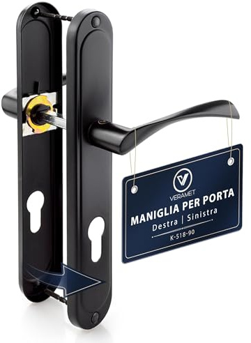 VERAMET Maniglia Porta Esterna Nera Ingresso Opaco Placca Copertura Lunga Interasse 90mm Forma L Quadrato Piastra Ferramenta Alluminio Acciaio Profilo 40-62mm Sinistra Destra Cilindro -K-517-90 P2