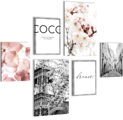 Novart Wandbilder Set Fashion Rosa Blumen - KEIN EXTRA RAHMEN BENÖTIGT - Modern Deko - Wohnzimmer Mädchen Teenager N004967a