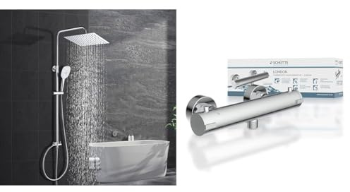 Görbach Edelstahl Duschsystem Duschset ohne Armatur Regendusche Überkopfbrauseset & SCHÜTTE 52465 LONDON Thermostat Duscharmatur, Brausethermostat Brausearmatur