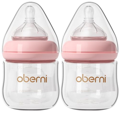 Oberni Babyflaschen aus glas, Milchflasche mit Silikon Sauger für Neugeborene 0+ Moaten, 120ml/Rosa/2 Stück