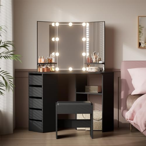 Sossiyule - Tocador de esquina, mesa de maquillaje con iluminación con 3 espejos, 5 cajones, 2 estantes de almacenamiento y 1 taburete para dormitorio, 110,5 cm (L) x 55 cm (ancho) x 141 cm (alto)