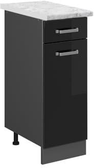 Vicco Schubladenschrank R-Line, Schubladenschrank für die Küche, Schwarz Hochglanz, 30 cm AP Marmor