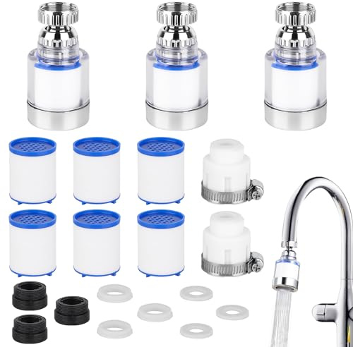 Prmape 11 Stück Wasserhahn Filter Set, 3pcs 360° Wasserfilter Wasserhahn mit 6pcs PP-Baumwollfilterelement mit 2pcs Universaladapter, Wasserhahnfilter für Trinkwasser für Küche Badezimmer