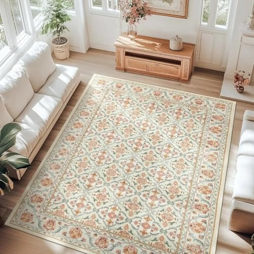 AAFUOO Vintage Distressed Boho-Teppiche für Wohnzimmer, Bohemian-Blumendruck, niedriger Flor, dünner Rutschfester Teppich, traditioneller Orientteppich für Schlafzimmer, Orange, 40 x 60 cm