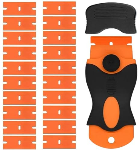 LMOGWL 1 Piece Mini Plastic Scraper with 20 Plastic Blades, Multi-Purpose Plastic Scraper for Removing Labels, Adhesive Residue and Decals from Glass, Windows, Floors, Car Stickers, Orange