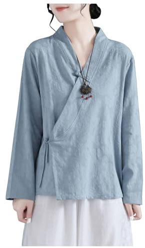 Maglie a Maniche Lunghe da Donna, Abito Tradizionale Cinese Tang, Camicia Ampia Hanfu, Camicette Eleganti Zen Tea Wear,Blue-XL