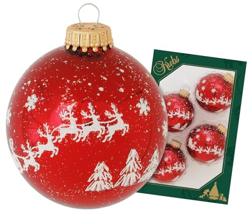 Krebs Glas Lauscha Weihnachtsdekoration/Christbaumschmuck aus Glas - Weihnachtskugeln - Motiv: Rot Rentiere Schneeflocken - 4 Stück - Größe: ca. 7 cm