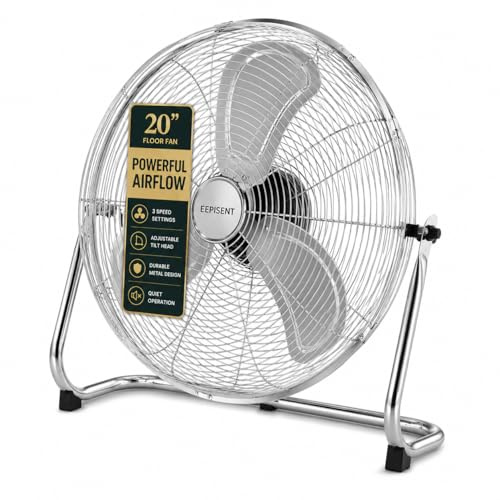 EPISENT 20 High Velocity Chrome Floor Fan – Heavy Duty Industrial Metal Fan | Powerful Air Circulator with 3 Speed Settings & Adjustable Tilt | Large Cooling Floor Fan for Home, Gym, Garage, Office