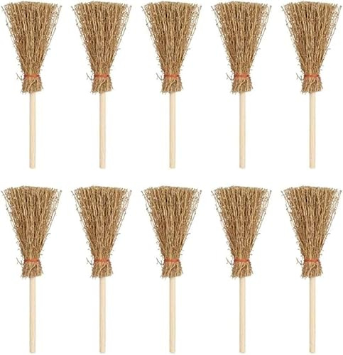 10 Pcs Witch Straw Brooms, Mini Brooms Doll House Dollhouse Accessories Props Miniature Artificial Furniture Halloween Decoration Accessory for Costume Cosplay Party