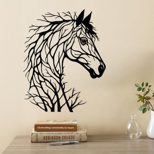 DUOOLN Metall Pferd Wanddekoration, Stahl Tier Pferde Wand HäNgende Kunst, Wandkunst Dekor Heimdekoration Wandskulptur für Bereich Wohnzimmer Schlafzimmer Badezimmer Innen AußEn - Schwarzes 40x32cm