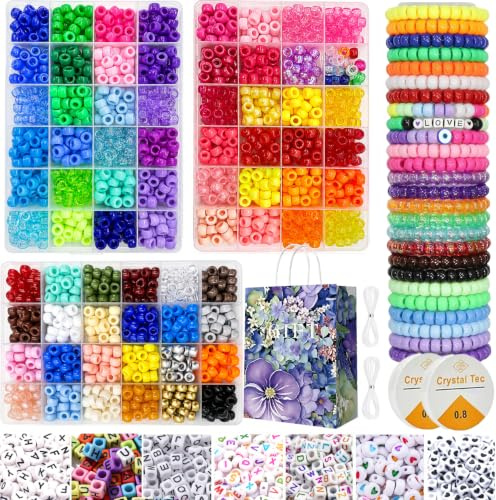 LYMOOR 3000 Pony Beads, 1000 Buchstabenperlen, 72 Farben Kandi Bunte Perlen für Armbänder, 40m Elastische Kordel, Perlen Zum Auffädeln, DIY Halsketten Geschenk Freundschaftsarmbänder Selber Machen