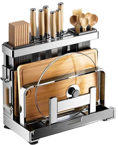 Range Couvercle Rangement Couvercle Casserole Porte Assiette Support Planche A Decouper Couvercles De Casseroles Panier À Couverts Range-couteaux Multifonction Acier Inoxydable (silver,26x14x24cm)