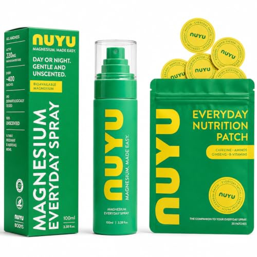 NUYU Everyday Ritual Magnesium Spray for Sleep 100ml & 30 Wellness Patches | Made With Magnesium Chloride & Citric Acid | Sleep Support & Muscle Pain Relief, Everyday Nutrition Patches, Vegan - UK Made