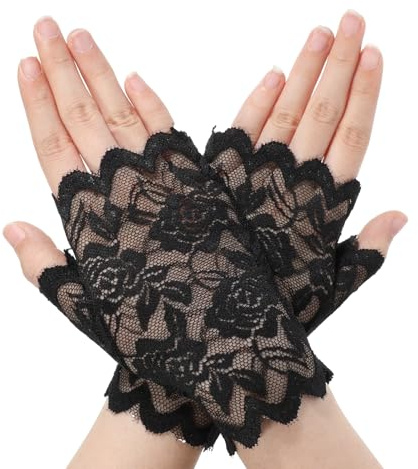 Guantes de encaje sin dedos para mujer, guantes de encaje negro, guantes cortos para fiesta de té, guantes negros novedosos, elegantes guantes de cordones cortos para novia, graduación, boda, cena