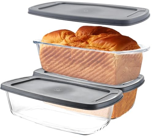 LDXDRU Juego de 3 moldes de cristal con tapa, aptos para horno, 1,8 L, antiadherente, para pan, pasteles, sin BPA, tapa de plástico sellada y asas