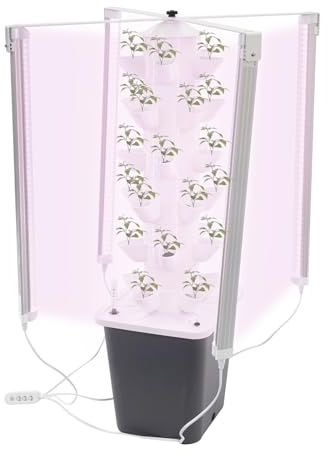 jiumxliu Hydroponic Tower Garden 30 Löcher, 6 Etagen Tower Grow System Kit, Erdloses Anbausystem mit 4 LED-Lichtleisten, Wasserstandsanzeiger und 10L Wassertank für Kräuter, Obst und Gemüse