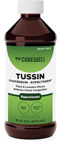 CUREWELL Tussin Guaifenesin Liquid | 100 mg Expectorant Syrup | Alcohol-Free & Sugar-Free | Cough and Cold Relief | Chest Congestion Relief | Thins & Loosens Mucus, 16 fl oz
