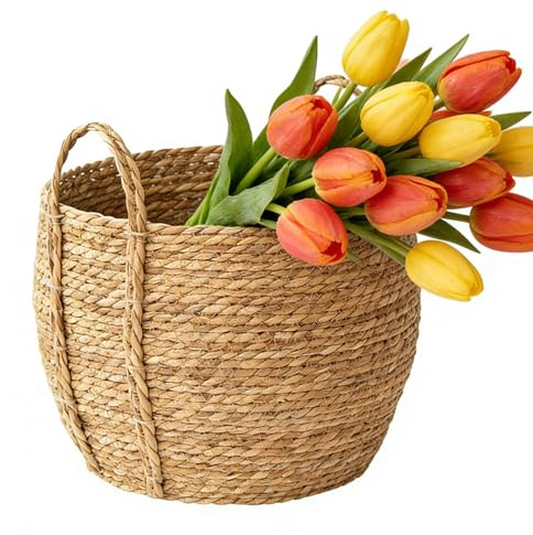 Blumenkorb aus Rattan, Blumentopf-Organizer mit Tragegriff, geflochtener Rattankorb für Pflanzen, für Balkon, Garten, Wohnzimmer, Haus, Schlafzimmer, Innen