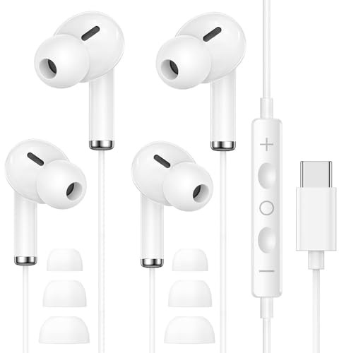 2 Pack Auriculares USB C para iPhone 17 16 15 Pro Max, Auriculares Tipo C con Micrófono y Control Remoto, Cancelación Ruido Auriculares por Cable USB C para Galaxy S24 S23 S22 S21 Ultra, Pixel 8 9