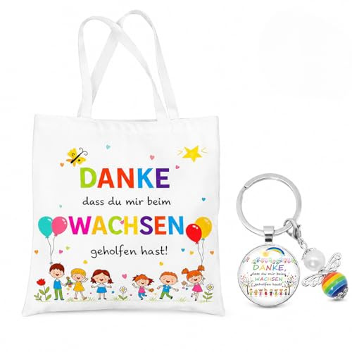 RgitFzi 2er Set Abschiedsgeschenk Erzieherin: Tasche & Schlüsselanhänger Danke dass du mir beim Wachsen geholfen hast - Geschenk Tagesmutter Kita