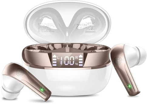 Bluetooth Kopfhörer, Kopfhörer Kabellos Bluetooth 5.4 HiFi Stereo mit ENC Mikrofon, 47Std Spielzeit Ohrhörer mit IP7 Wasserdicht, Mini In Ear Kopfhörer mit LED Anzeige für iOS/Android, Weißgold