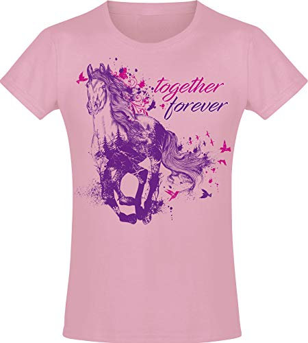 Baddery Pferde T-Shirt Mädchen - Together Forever - Pferd Tshirt - Reiterin Geschenk Reitbekleidung Kinder (Light Pink 116)