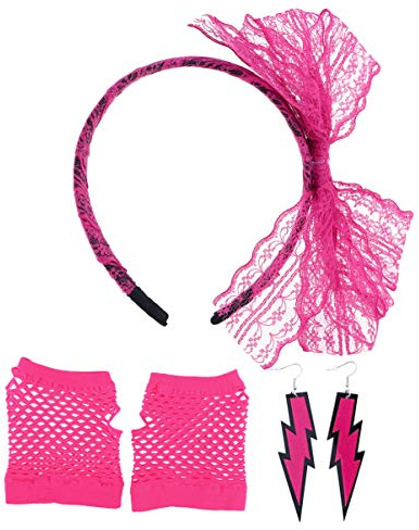 NUOBESTY Diadema de Encaje de Los 80 Pendientes de Neón Guantes de Rejilla Accesorios de Disfraces de Los 80 para Fiesta de Los 80 (Rosado)