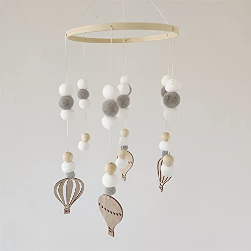 SWECOMZE Babybett Baby Mobile Holzperlen Windspiele Glocke Baby Spielzeug für Kinderzimmer Bett Filzkugel Hängen Zelt Decor Fotografie Requisiten Geschenke (Grau + Heißluftballon)