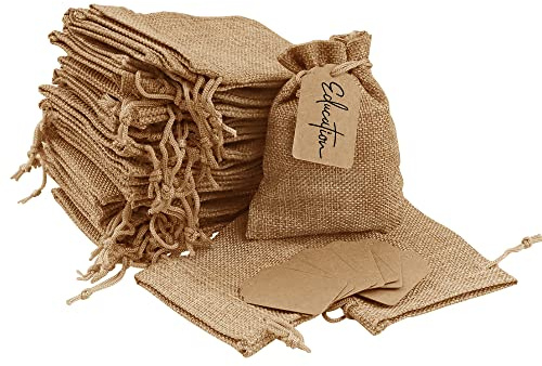 Lamondre 30 Stück klein jutesäckchen mit Kordelzug 9x12cm, Wiederverwendbare leinensäckchen Geschenksäckchen, Jutebeutel Kleine für Schmuck Hochzeit Party Weihnachten (Gelbbraun)