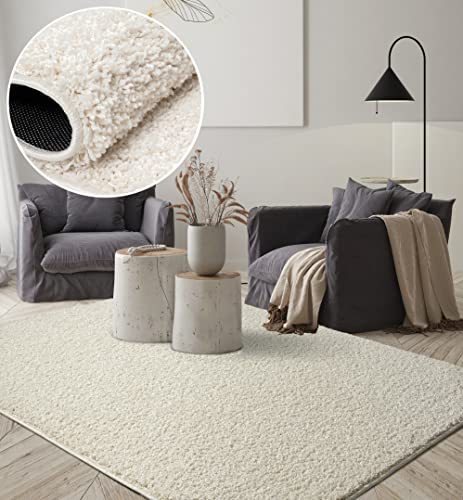 the carpet Foxy Shaggy Teppich - Hochflor Teppich Wohnzimmer & Schlafzimmer - Waschbar & rutschfest - Creme 120 x 170 cm