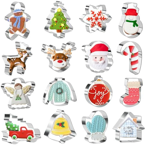 Keepaty Christmas Cookie Cutters Set of 16 - Christmas Xmas Biscuit Cutters Gingerbread Man Snowflake Christmas Tree Shapes Stainless Steel for Baking