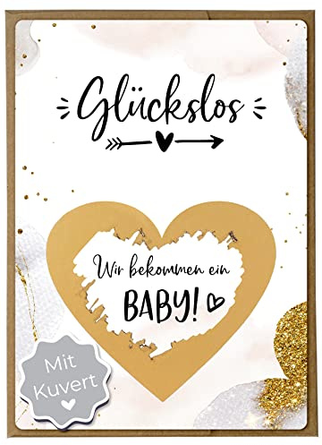 Joli Coon Rubbelkarte Wir bekommen ein Baby, mit Kuvert | 350g Designerpapier, fühlbare UV-Lack-Veredelung, naturfarbenes Steckkuvert mit goldenem Herz, zur Schwangerschaftsverkündung