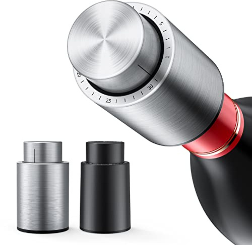 [2 PACK]Wine Bottle Stoppers，2-in-1 Vacuum Wine Stopper，1 Stainless Steel (Silver) and 1 ABS(Black) Wine Savers, Reusable Wine Preserver, Vacuum Pump Corks Keep Wine Fresh, Best Gift Accessories.
