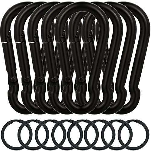 EGGMARCH 8 Pack Black Carabiner Clips with 8 Key Rings Heavy Duty Spring Snap Hook Zinc-Galvanized Steel Snap Clip Connector Link Hooks for Camping Fishing Hiking Swing Hammock Dog Leash (4 cm)