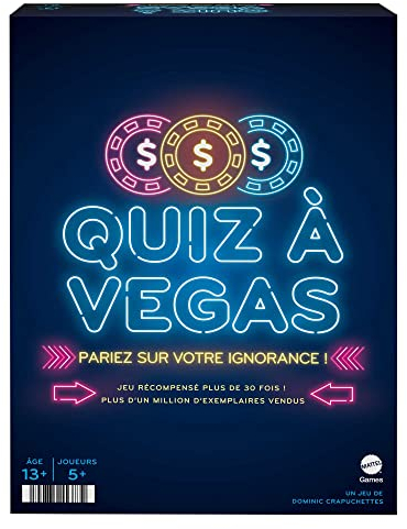 Mattel Games Quiz à Vegas, allgemeines Kulturspiel mit Fragekarten, Poker- und Pari-Chips, min. 5 Spieler, französische Version, Kinderspielzeug, ab 13 Jahren, HNY92