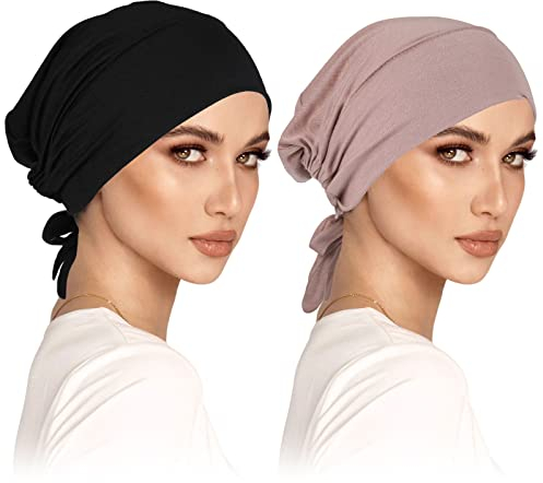 2er Pack Kopftuch Damen Hijab Undercap Cap Klassische Slouch Beanie Mütze Islamische Muslimische Mit Tie Back Solid Color Kopfbedeckung Chemo Schlafmütze