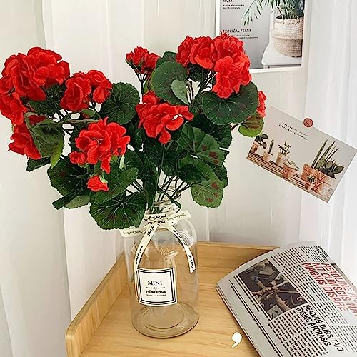 Flores artificiales de geranio rojo, flores artificiales de 36 cm con 5 ramas, adecuadas para decoración familiar de jardín y porche
