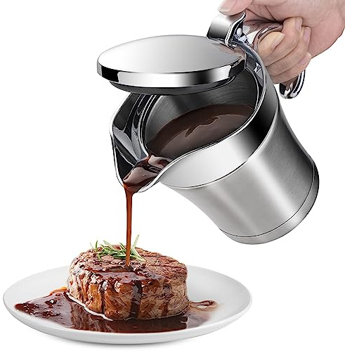 Gravy Boat Double Insulated Stainless Steel Sauce Jug with Hinged Lid for Thanksgiving Dinner - 17 oz