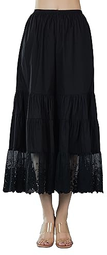 BEAUTELICATE Jupe Culotte en Coton Capri Pantalon De Pyjama Femme Pantacourt Ample à la Maison sous-Robe Jupon avec Dentelle Noir, XXL