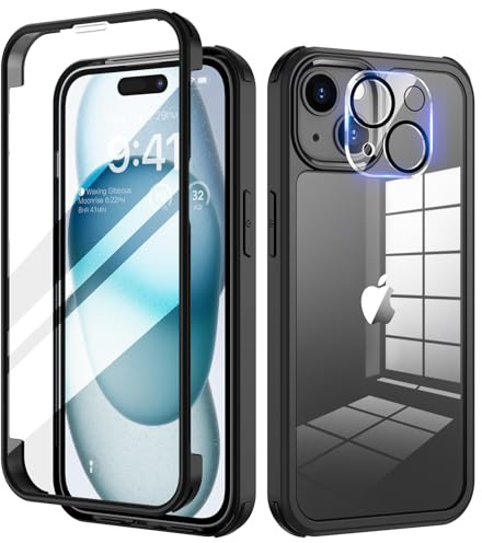 seacosmo für iPhone 15 Plus Hülle mit eingebautem Panzerglas Displayschutz und Kamera Schutzfolie [9H HD], 360 Grad Handyhülle Ganzkörper Stoßfeste iPhone 15 Plus Case - Schwarz