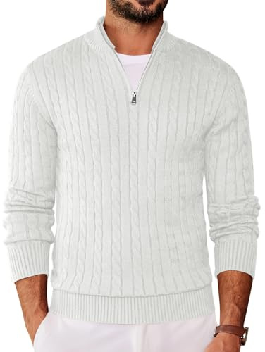 COOFANDY Maglione a Mezza Zip da Uomo a Maglia Fine Maglione a Trecce Colletto alla Coreana Camicia a Maniche Lunghe Sorella Maglione Invernale Bianco XL