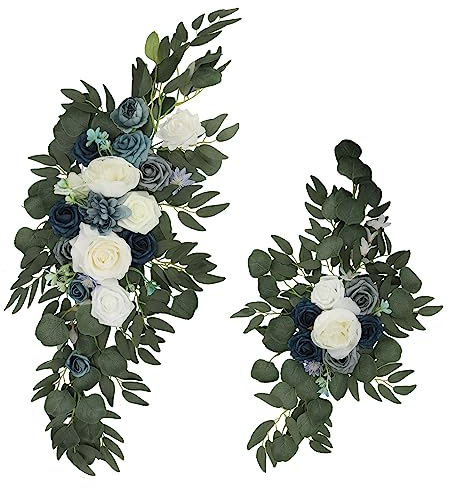 ZHDOKA 2 Stück Hochzeitsbogen-Blumen, Künstliche Rosen-Pfingstrosen-Blumengirlanden mit Eukalyptusblättern, Hochzeitsblumen, Hochzeits-Willkommensschilder für Hochzeitsempfang, Hintergrund,(Blau)